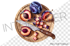 Chopped Plums on Wooden Cutting Board with Knife PNG Clipart Product Image 1
