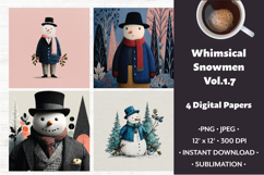 Whimsical Snowmen Digital Paper Vol. 1.7, 4 PNG &amp; JPEG Product Image 1