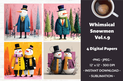 Whimsical Snowmen Digital Paper Vol. 1.9, 4 PNG &amp; JPEG Product Image 1