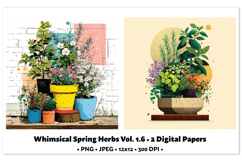 Whimsical Spring Herbs Digital Paper Vol. 1.6, 2 PNG &amp; JPEG Product Image 1