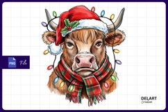 Christmas cow portrait with lights and scarf Png Design Product Image 1