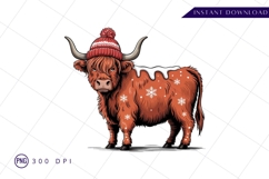 Festive highland cow wearing winter hat sublimation png Product Image 1