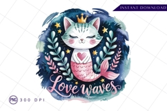 Cute mermaid cat watercolor sublimation png Product Image 1
