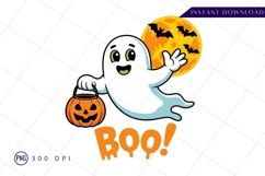 Cute ghost with pumpkin and bats halloween illustration PNG Product Image 1