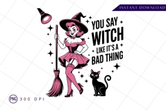 Pinup witch sublimation design with broom and cat PNG Product Image 1