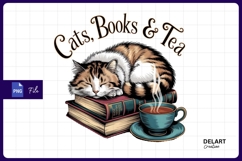 Cat Sleeping On Books With Tea Cup Design PNG Product Image 1