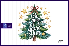 Oh Come Let Us Adore Him Christmas Tree Watercolor PNG Product Image 1