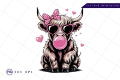 Valentine Highland Cow With Bubble Gum Sublimation PNG Product Image 1