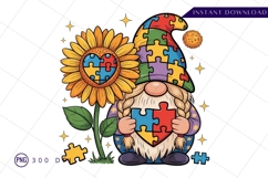Autism Awareness Gnome With Sunflower And Puzzle Pieces PNG Product Image 1