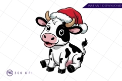 Cute Cartoon Cow Wearing Santa Hat Christmas PNG Product Image 1