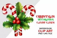 Christmas candy canes with green ilex isolated on transparent background