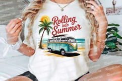 Turquoise Bus on Beach with Palm Tree and Sublimation PNG Product Image 2