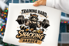 Training Hard Snacking Harder Funny Raccoon Gym Workout PNG Product Image 1