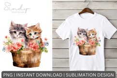 Kitten Flowers Basket Sublimation, Watercolor Clipart Product Image 1
