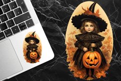 PNG Halloween sticker. Vintage victorian clip art cute girl with pumpkin lantern