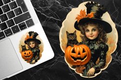 PNG Halloween sticker with pumpkin and black cat. Vintage clip art