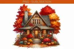 Autumn House PNG, Fall Leaves Sublimation Print, Crafting Product Image 2