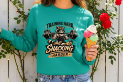 Training Hard Snacking Harder Funny Raccoon Gym Workout PNG Product Image 2
