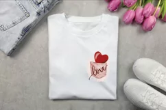 plaid pocket with red heart and calligraphic word Love is t shirt design. Sublimation design use also as mug print, template for greeting card