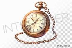 Antique watercolor pocket watch clock with chain PNG Clipart Product Image 1
