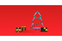 Podium stage with gift box and neon christmas design on red Product Image 1