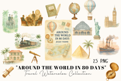 Vintage Travel Watercolor Clipart PNG, Hot Air Balloon, Product Image 1