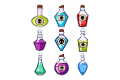 Collection of magic potion bottles with skull labels Product Image 1