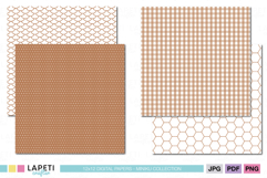 Brown and white polka dot, gingham, and honeycomb pattern digital papers, perfect for crafts, stationery, and packaging design.