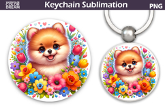 Pomeranian Round Keychain | Dog Floral Key Keychain Product Image 1
