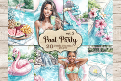 GlamArtZhanna, pool party journal, swimming pool paper, african american, woman scrapbook, pool day download, summer journal, pool float collage, swimwear printable, floatie kit, flamingo pool, junk journal, summer ephemera, swim party