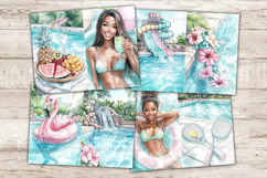 GlamArtZhanna, pool party journal, swimming pool paper, african american, woman scrapbook, pool day download, summer journal, pool float collage, swimwear printable, floatie kit, flamingo pool, junk journal, summer ephemera, swim party