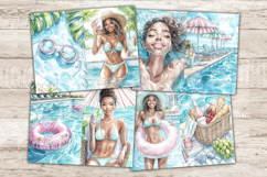 GlamArtZhanna, pool party journal, swimming pool paper, african american, woman scrapbook, pool day download, summer journal, pool float collage, swimwear printable, floatie kit, flamingo pool, junk journal, summer ephemera, swim party