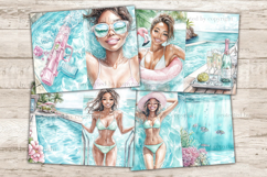 GlamArtZhanna, pool party journal, swimming pool paper, african american, woman scrapbook, pool day download, summer journal, pool float collage, swimwear printable, floatie kit, flamingo pool, junk journal, summer ephemera, swim party