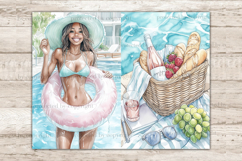 GlamArtZhanna, pool party journal, swimming pool paper, african american, woman scrapbook, pool day download, summer journal, pool float collage, swimwear printable, floatie kit, flamingo pool, junk journal, summer ephemera, swim party