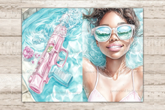 GlamArtZhanna, pool party journal, swimming pool paper, african american, woman scrapbook, pool day download, summer journal, pool float collage, swimwear printable, floatie kit, flamingo pool, junk journal, summer ephemera, swim party