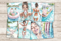 GlamArtZhanna, pool party journal, swimming pool paper, african american, woman scrapbook, pool day download, summer journal, pool float collage, swimwear printable, floatie kit, flamingo pool, junk journal, summer ephemera, swim party