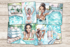 GlamArtZhanna, pool party journal, swimming pool paper, african american, woman scrapbook, pool day download, summer journal, pool float collage, swimwear printable, floatie kit, flamingo pool, junk journal, summer ephemera, swim party