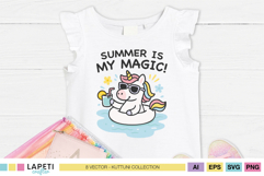 White tank top featuring unicorn in a pool float holding lemonade with the phrase “Summer is my magic!”.
