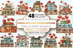 Watercolor Poppies with Stack Vintage Suitcases Bundle Product Image 1