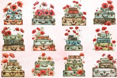 Watercolor Poppies with Stack Vintage Suitcases Bundle Product Image 2