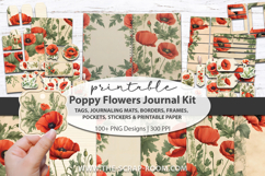 Printable Journal Kit Bundle, Designs for Scrapbooking, Junk Journaling, card making and  other paper crafts, poppies, poppy