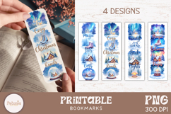Printable Christmas bookmarks with cozy winter scenes including cabins, castles, snow globes and festive text, 2x6 inch, PNG format for holiday readers.