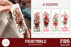 Set of 4 girly Christmas bookmarks with candy canes, flowers &amp; cozy quotes. 2x6&quot; PNG for printing, gifts &amp; festive reading.
