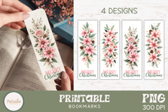 Set of 4 floral Christmas bookmarks with pink poinsettias, vintage roses and pinecones. Printable PNGs in 2x6 inch format, perfect for romantic holiday reading and gifts.