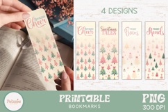 Set of 4 printable pastel coquette Christmas bookmarks with pink and mint trees, bows, and girly quotes. 2x6&quot; PNG format for holiday crafting and cozy gifts.