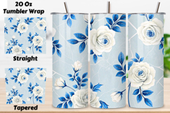 seamless tumbler wrap, porcelain floral design, white rose wrap, cobalt blue details, delicate china pattern, 20oz skinny tumbler, tapered tumbler wrap, straight tumbler design, blue willow art, seamless delicate design,