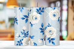 seamless tumbler wrap, porcelain floral design, white rose wrap, cobalt blue details, delicate china pattern, 20oz skinny tumbler, tapered tumbler wrap, straight tumbler design, blue willow art, seamless delicate design,