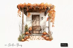 Watercolor Fall Porch Clipart | Watercolor Fall PNG Product Image 1