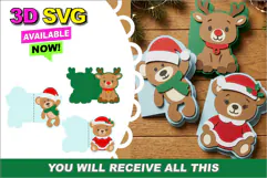 Bear and Reindeer Christmas Cards 3D SVG Product Image 1