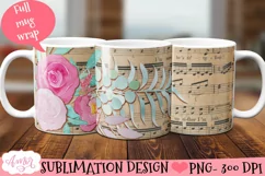 Musical mug wrap for sublimation, floral mug PNG Product Image 1